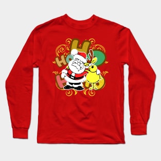 Ho ho ho Santa Claus and Rudolf the reindeer in friendly embrace in a Christmas atmosphere against the background of colorful letters Long Sleeve T-Shirt